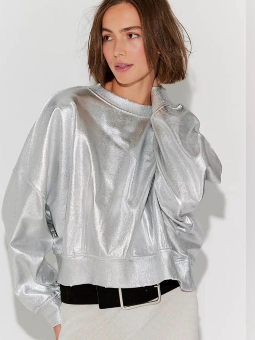 Free People Silver Foil Pullover Sweatshirt